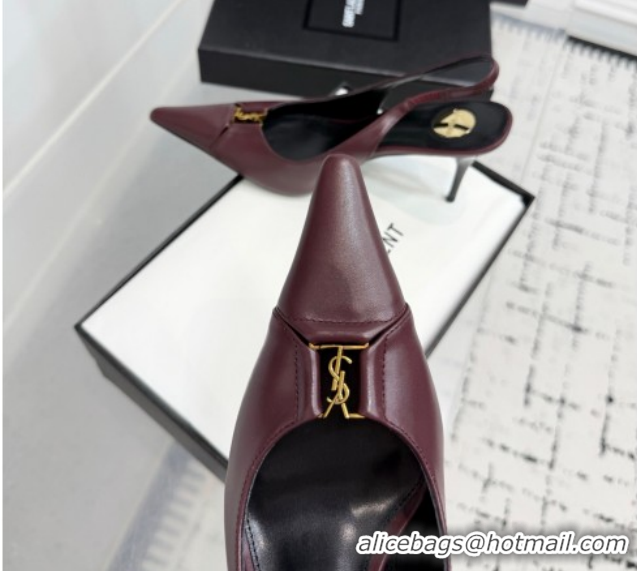 Stylish Saint Laurent Babylone Breteuil Slingbacks Pump 9cm in Calfskin Leather Dark Burgundy 1213002