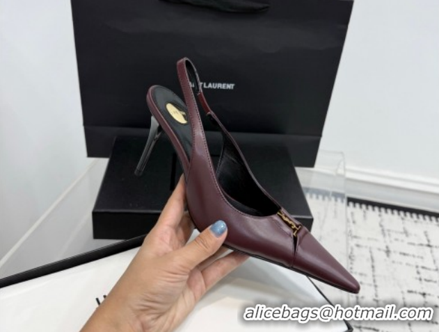 Stylish Saint Laurent Babylone Breteuil Slingbacks Pump 9cm in Calfskin Leather Dark Burgundy 1213002