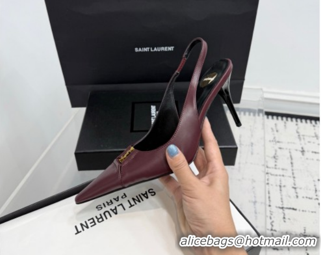 Stylish Saint Laurent Babylone Breteuil Slingbacks Pump 9cm in Calfskin Leather Dark Burgundy 1213002