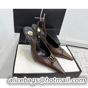 Best Grade Saint Laurent Babylone Breteuil Slingbacks Pump 9cm in Calfskin Leather Dark Brown 51213003