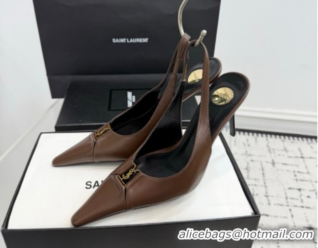 Best Grade Saint Laurent Babylone Breteuil Slingbacks Pump 9cm in Calfskin Leather Dark Brown 51213003