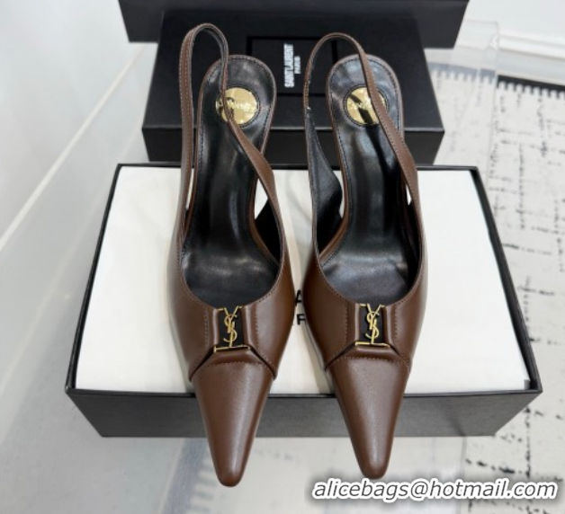 Best Grade Saint Laurent Babylone Breteuil Slingbacks Pump 9cm in Calfskin Leather Dark Brown 51213003