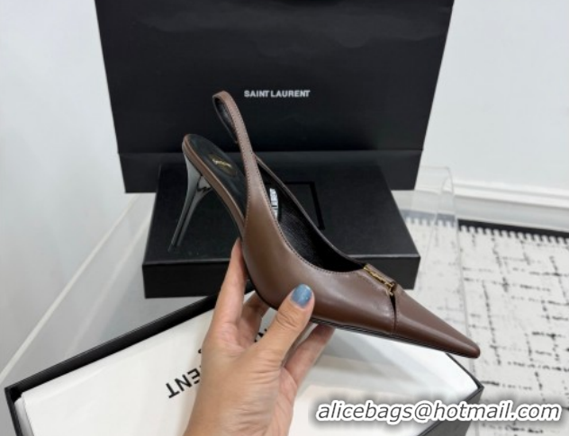 Best Grade Saint Laurent Babylone Breteuil Slingbacks Pump 9cm in Calfskin Leather Dark Brown 51213003
