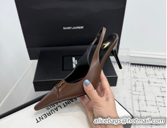 Best Grade Saint Laurent Babylone Breteuil Slingbacks Pump 9cm in Calfskin Leather Dark Brown 51213003