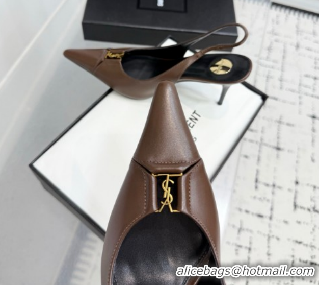 Best Grade Saint Laurent Babylone Breteuil Slingbacks Pump 9cm in Calfskin Leather Dark Brown 51213003