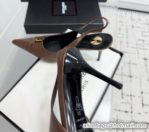 Best Grade Saint Laurent Babylone Breteuil Slingbacks Pump 9cm in Calfskin Leather Dark Brown 51213003