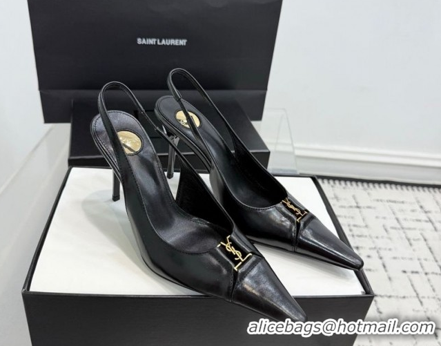 Unique Style Saint Laurent Babylone Breteuil Slingbacks Pump 9cm in Oil Leather Black 51213004