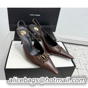 Grade Saint Laurent Babylone Breteuil Slingbacks Pump 9cm in Oil Leather Dark Brown 1213006