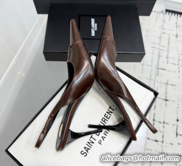 Grade Saint Laurent Babylone Breteuil Slingbacks Pump 9cm in Oil Leather Dark Brown 1213006