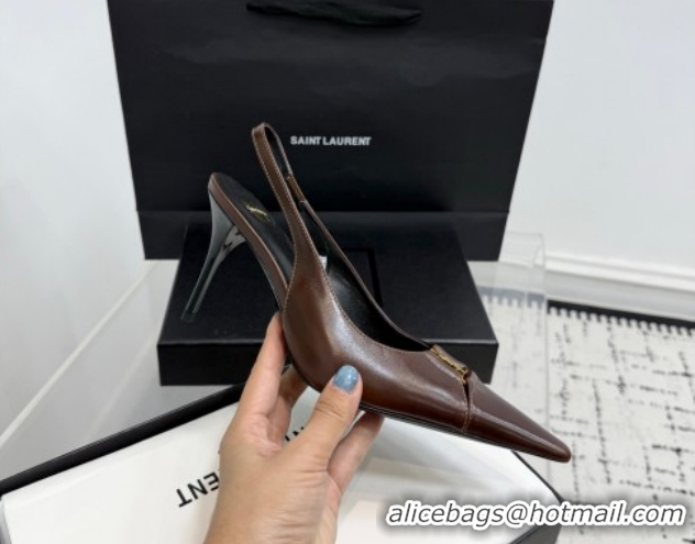 Grade Saint Laurent Babylone Breteuil Slingbacks Pump 9cm in Oil Leather Dark Brown 1213006
