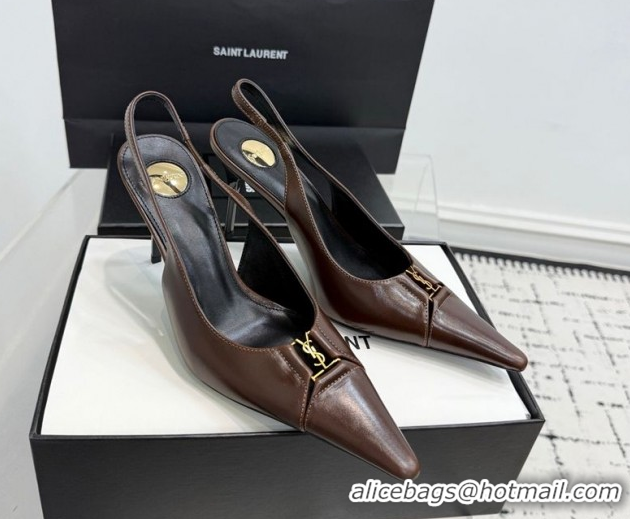 Grade Saint Laurent Babylone Breteuil Slingbacks Pump 9cm in Oil Leather Dark Brown 1213006