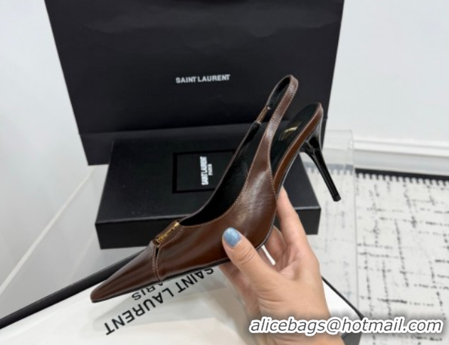 Grade Saint Laurent Babylone Breteuil Slingbacks Pump 9cm in Oil Leather Dark Brown 1213006