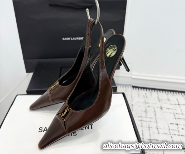 Grade Saint Laurent Babylone Breteuil Slingbacks Pump 9cm in Oil Leather Dark Brown 1213006