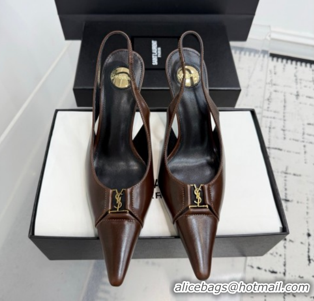 Grade Saint Laurent Babylone Breteuil Slingbacks Pump 9cm in Oil Leather Dark Brown 1213006