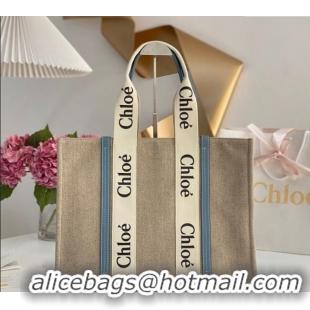 Inexpensive Chloe Large Woody Tote Bag in Linen Canvas and Calfskin Leather 1120 Denim Blue 2025