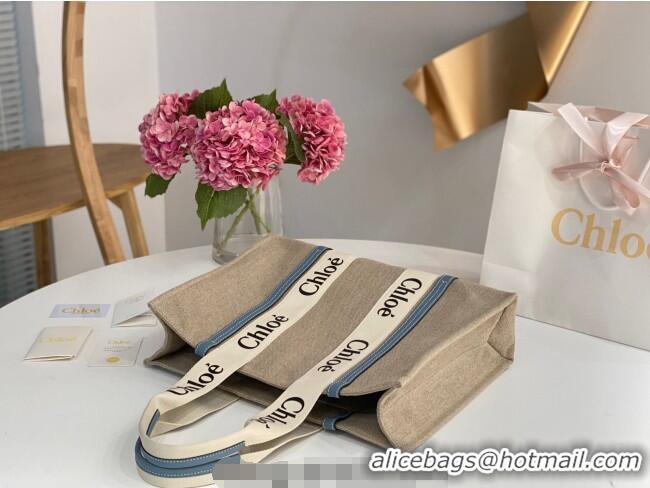 Inexpensive Chloe Large Woody Tote Bag in Linen Canvas and Calfskin Leather 1120 Denim Blue 2025