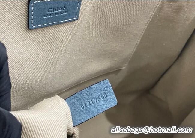 Inexpensive Chloe Large Woody Tote Bag in Linen Canvas and Calfskin Leather 1120 Denim Blue 2025