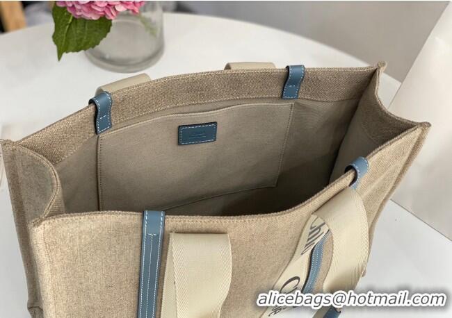 Inexpensive Chloe Large Woody Tote Bag in Linen Canvas and Calfskin Leather 1120 Denim Blue 2025