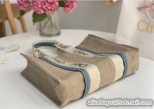 Inexpensive Chloe Large Woody Tote Bag in Linen Canvas and Calfskin Leather 1120 Denim Blue 2025