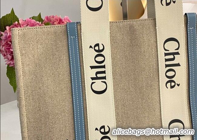 Inexpensive Chloe Large Woody Tote Bag in Linen Canvas and Calfskin Leather 1120 Denim Blue 2025
