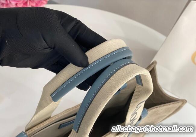 Inexpensive Chloe Large Woody Tote Bag in Linen Canvas and Calfskin Leather 1120 Denim Blue 2025