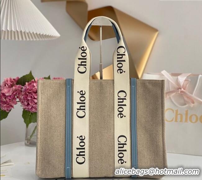 Inexpensive Chloe Large Woody Tote Bag in Linen Canvas and Calfskin Leather 1120 Denim Blue 2025