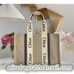 Promotional Chloe Large Woody Tote Bag in Linen Canvas and Calfskin Leather 1120 Dark Blue 2025