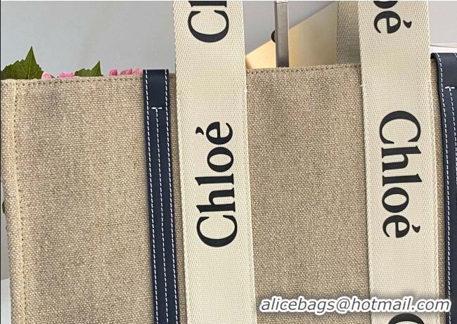Promotional Chloe Large Woody Tote Bag in Linen Canvas and Calfskin Leather 1120 Dark Blue 2025