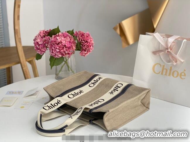 Promotional Chloe Large Woody Tote Bag in Linen Canvas and Calfskin Leather 1120 Dark Blue 2025