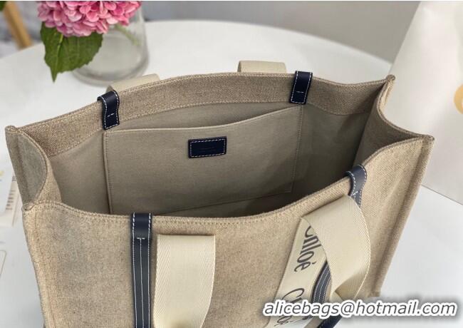 Promotional Chloe Large Woody Tote Bag in Linen Canvas and Calfskin Leather 1120 Dark Blue 2025