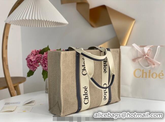 Promotional Chloe Large Woody Tote Bag in Linen Canvas and Calfskin Leather 1120 Dark Blue 2025