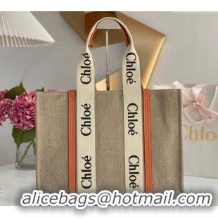 Best Quality Chloe Large Woody Tote Bag in Linen Canvas and Calfskin Leather 1120 Orange 2025