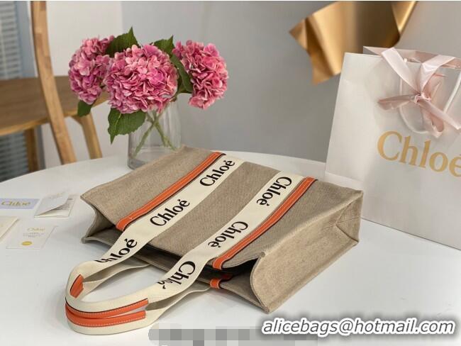 Best Quality Chloe Large Woody Tote Bag in Linen Canvas and Calfskin Leather 1120 Orange 2025
