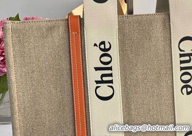 Best Quality Chloe Large Woody Tote Bag in Linen Canvas and Calfskin Leather 1120 Orange 2025