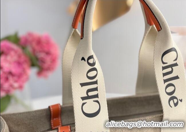 Best Quality Chloe Large Woody Tote Bag in Linen Canvas and Calfskin Leather 1120 Orange 2025