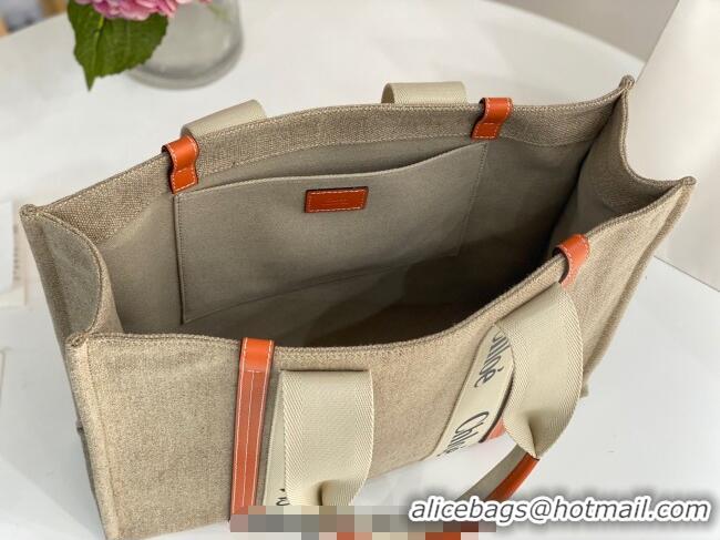Best Quality Chloe Large Woody Tote Bag in Linen Canvas and Calfskin Leather 1120 Orange 2025