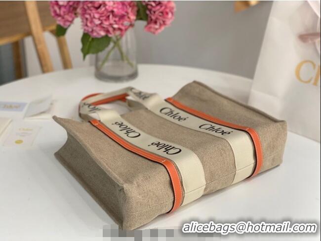Best Quality Chloe Large Woody Tote Bag in Linen Canvas and Calfskin Leather 1120 Orange 2025