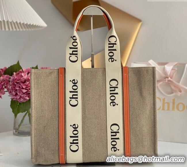Best Quality Chloe Large Woody Tote Bag in Linen Canvas and Calfskin Leather 1120 Orange 2025