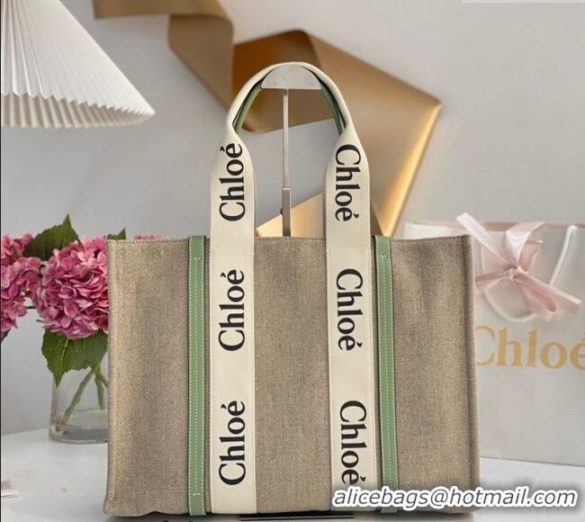 Trendy Design Chloe Large Woody Tote Bag in Linen Canvas and Calfskin Leather 1120 Light Green 2025