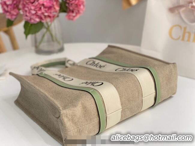 Trendy Design Chloe Large Woody Tote Bag in Linen Canvas and Calfskin Leather 1120 Light Green 2025
