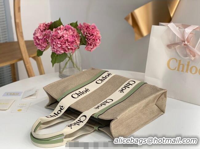 Trendy Design Chloe Large Woody Tote Bag in Linen Canvas and Calfskin Leather 1120 Light Green 2025