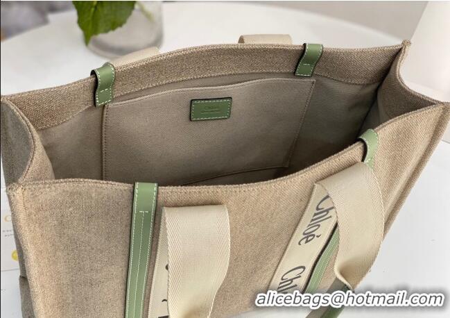 Trendy Design Chloe Large Woody Tote Bag in Linen Canvas and Calfskin Leather 1120 Light Green 2025