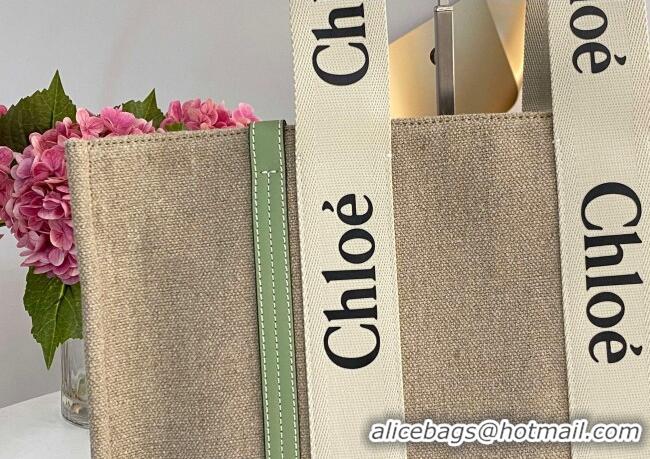 Trendy Design Chloe Large Woody Tote Bag in Linen Canvas and Calfskin Leather 1120 Light Green 2025