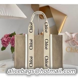 Promotional Chloe Large Woody Tote Bag in Linen Canvas and Calfskin Leather 1120 White 2025