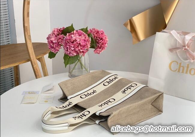 Promotional Chloe Large Woody Tote Bag in Linen Canvas and Calfskin Leather 1120 White 2025