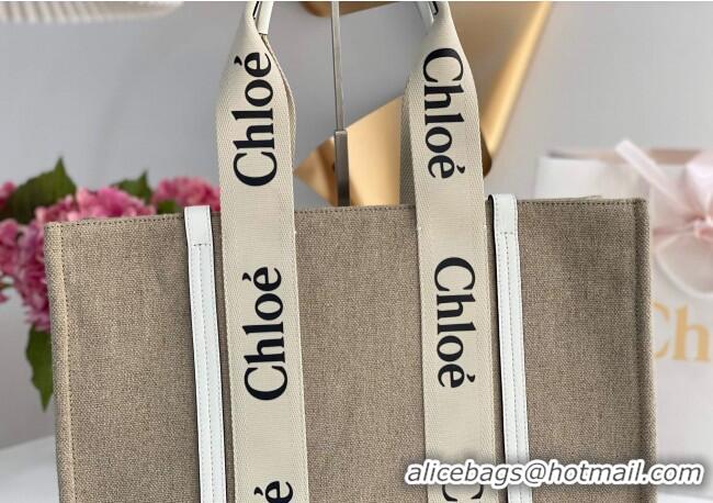 Promotional Chloe Large Woody Tote Bag in Linen Canvas and Calfskin Leather 1120 White 2025