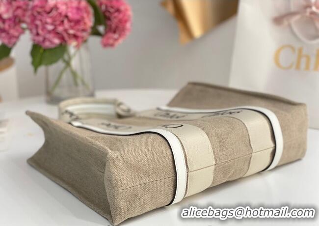 Promotional Chloe Large Woody Tote Bag in Linen Canvas and Calfskin Leather 1120 White 2025