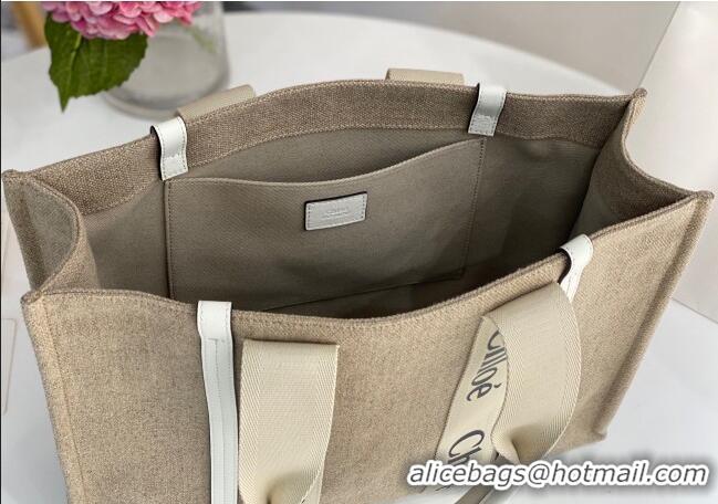 Promotional Chloe Large Woody Tote Bag in Linen Canvas and Calfskin Leather 1120 White 2025
