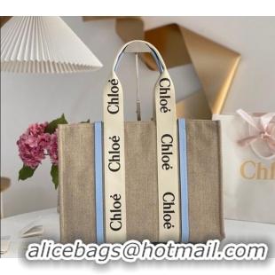 Famous Brand Chloe Large Woody Tote Bag in Linen Canvas and Calfskin Leather 1120 Light Blue 2025