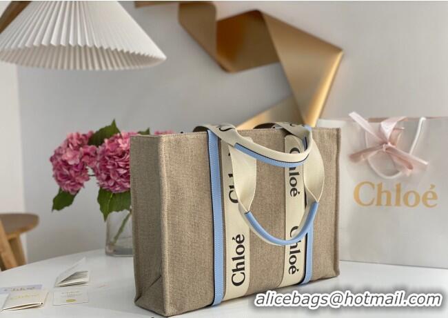 Famous Brand Chloe Large Woody Tote Bag in Linen Canvas and Calfskin Leather 1120 Light Blue 2025